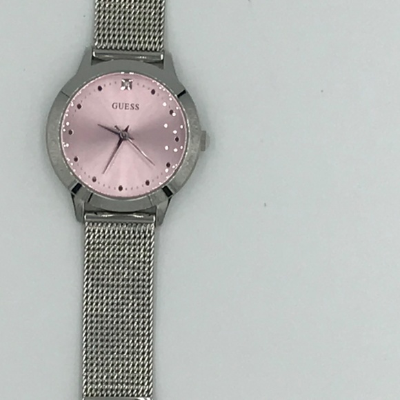 NWOT Guess Women’s Silver Tone, Pink Face Watch With Mesh Wristband - Picture 8 of 9